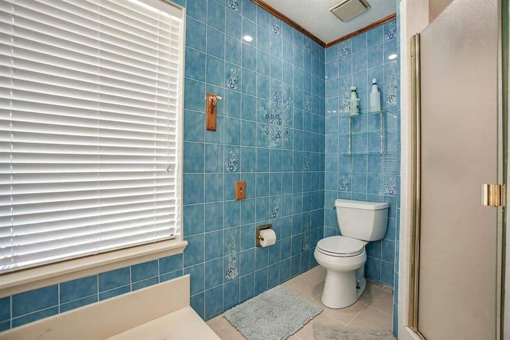 Bright blue tiled bathroom with toilet, shower, and natural light from window.