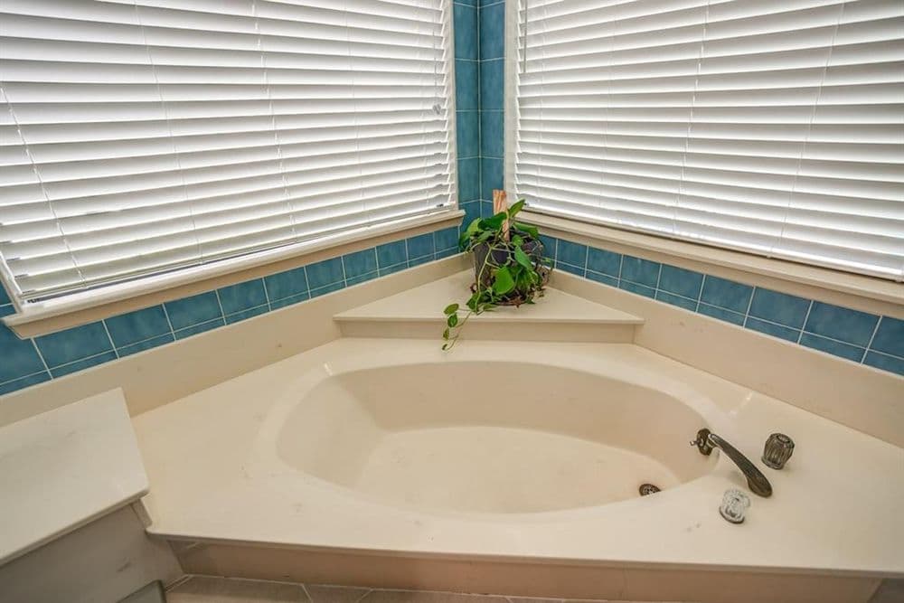 Corner bathtub with a potted plant, in a bright bathroom featuring blue tiles and blinds.